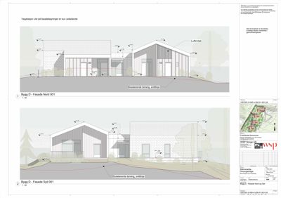 Fasadetegning som viser bygningens utseende fra nord og syd, inkludert materialvalg, dører, vinduer og terrengforhold.