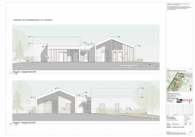 Fasadetegning som viser bygningens utseende fra nord og syd.