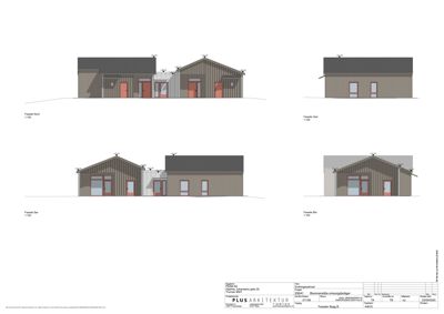 Fasadetegning som viser bygningens utsyn fra fire sider (Nord, Vest, Sør, Øst) med arkitektoniske detaljer og materialvalg.