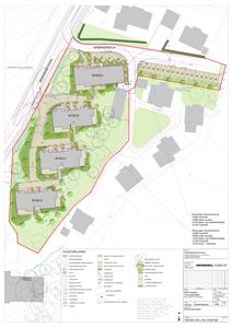 Situasjonsplan som viser plassering av bygninger (BYGG A, B, C, D) og anleggsområder på tomten i Brønnøydla.