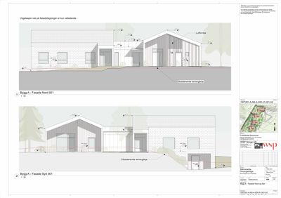 Fasadetegning som viser bygningens utseende sett fra nord og syd, inkludert detaljer om materialer, vinduer og terrengforhold.