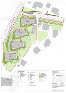 Situasjonsplan som viser tomtens grenser, plassering av bygninger (BYGG A-D), veier og beplantning.