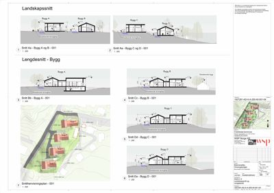 Bildet viser en samling av snittegninger (Landskapssnitt og Lengdesnitt) for flere bygninger (Bygg A-D) i et prosjekt. Det inkluderer også en snitttemvisningsplan.