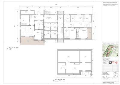 Bildet viser etasjeplaner (romfordeling) for en bygning, med rombetegnelser og dimensjoner.