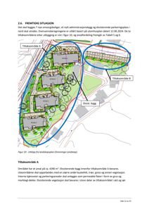 Landskapsplan som viser fremtidig situasjon med nye bygg (BYGG A-D), parkeringsplass og vegetasjon i tiltaksområdene A og B.