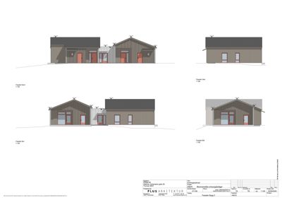 Fasadetegning som viser bygningens utsyn fra fire sider (Nord, Vest, Sør, Øst).
