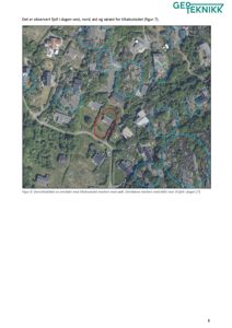 Et luftfoto (satellittbilde) av et boligområde med markerte fjellblokker og tiltaksstedet.