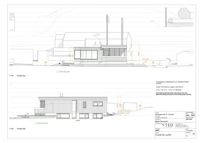 Fasadetegning som viser bygningens utseende fra sør og øst, inkludert høydemål, terrengforhold og konstruksjonsdetaljer.