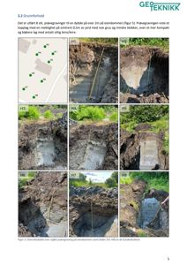 Fotografisk dokumentasjon av 8 stk. prøvegrøfter (H1-H8) utført på eiendommen for å undersøke grunnforholdene.