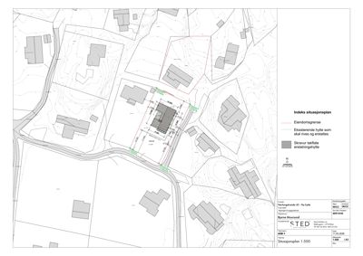 Indeks situasjonsplan som viser tomtens beliggenhet i forhold til nabolag, elendomsgranser og eksisterende/planlagt bebyggelse.