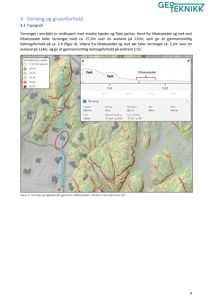 Et digitalt terrengkart (DGM) som viser høydemodellering, terrengprofil og et markert tiltakssted.