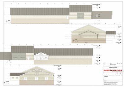 Bildet viser fasadetegninger for en bygning sett fra fire sider (vest, øst, nord, sør) med høydeangivelser og detaljer.