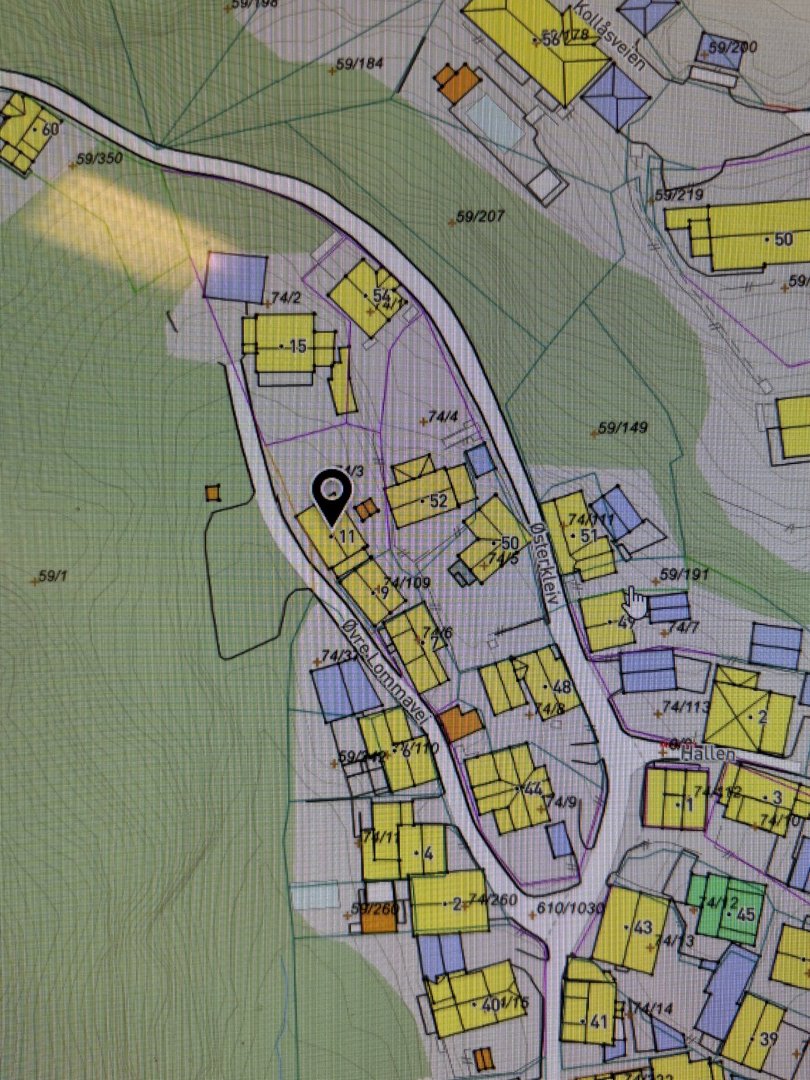 Kart over et område med eiendommer, veier og gater (Overklev, Gallea).