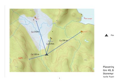Et topografisk kart som viser plassering av eiendom (Gnr 49, B Storemyr) i forhold til naboarealer og høydemålinger.