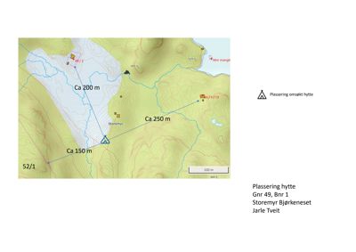 Kart over et myrområde (Storemyr) med topografiske linjer, vannløp og markerte punkter for hytteplasseringer med avstandsmålinger.