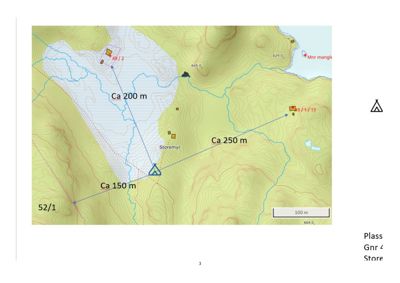 Situasjonsplan som viser topografi, vannløp, eiendelsnummer (gnr/bnr) og avstander mellom punkter.