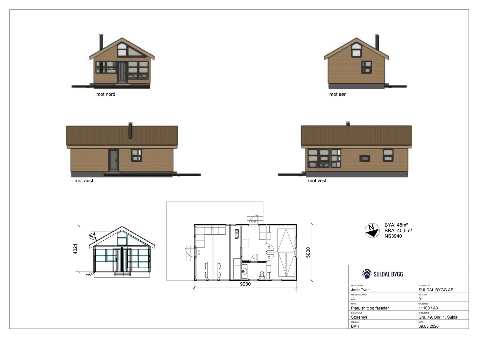 Bildet viser fasadetegninger (mot nord, sør, aust og vest) samt et snitt av en boligprosjekt.