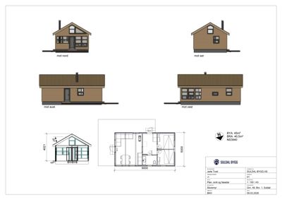 Bildet viser fasadetegninger (mot nord, sør, aust og vest) samt et snitt av en boligprosjekt.
