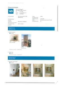 Dokumentasjonsside med flere småfotografier av en pipe før og etter rehabilitering.