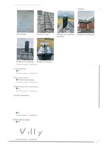 Et dokument som viser en samling bilder av en takpipebeslag (før og etter montering) og en liste over arbeider som er utført.