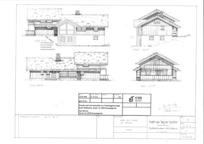 Fasadetegning som viser oppriss av bygningens front fra fire ulike vinkler (Sør, Vest, Nord og Aust).