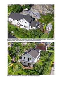 To fotografier fra en salgsannonse som viser et hus sett fra luften (dronebilde). Bildene illustrerer terrasser og omgivelser.