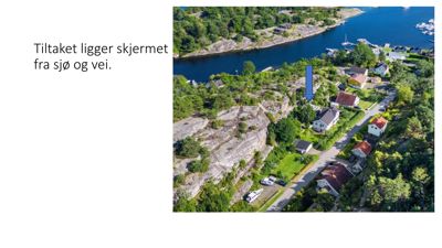 Luftfoto av et boligområde med en blå pil som peker ut et bestemt hus (tiltaket). Teksten bekrefter at tiltaket er skjermet.