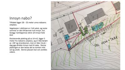 Situasjonsplan som viser tomtens beliggenhet i forhold til nabo, eksisterende bebyggelse, vegetasjon, terrengforhold (konturlinjer) og planlagte tiltak.