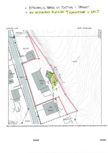 Situasjonskart som viser tomtens beliggenhet, nabotomter, høydeforhold (konturlinjer) og planlagt inngangsplassering.