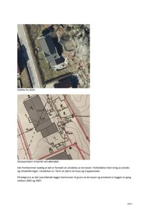 Bildet inneholder et flyfoto fra 2019 og et situasjonskart (tomtekart) med bygningsplassering og topografi.