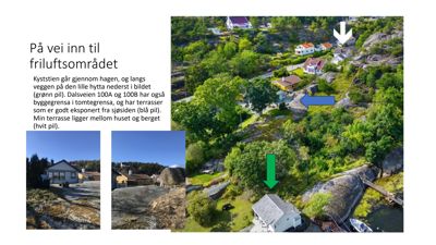 Fotografisk dokumentasjon av et friluftsområde med flere hytter, terrengforhold og vei. Bildet inneholder også mindre innleste bilder og tekstforklaringer.