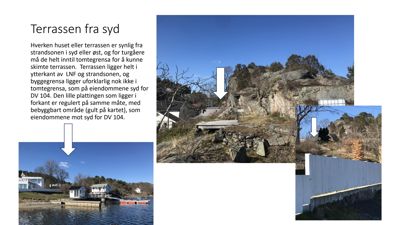 Fotografier av en terrasse og omgivende terreng sett fra sør, med tekstdokumentasjon om synlighet og regulering.