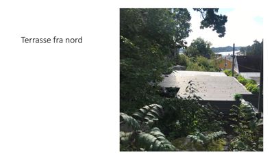 Fotografi av en terrasse sett fra nord, med omgivende vegetasjon og nabolag i bakgrunnen.