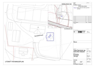 Rivningsplan (situasjonsplan) som viser eksisterende og planlagt bebyggelse på tomten, inkludert grenser og veier.