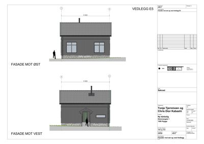 Fasadetegning som viser bygningens utseende fra øst og vest.