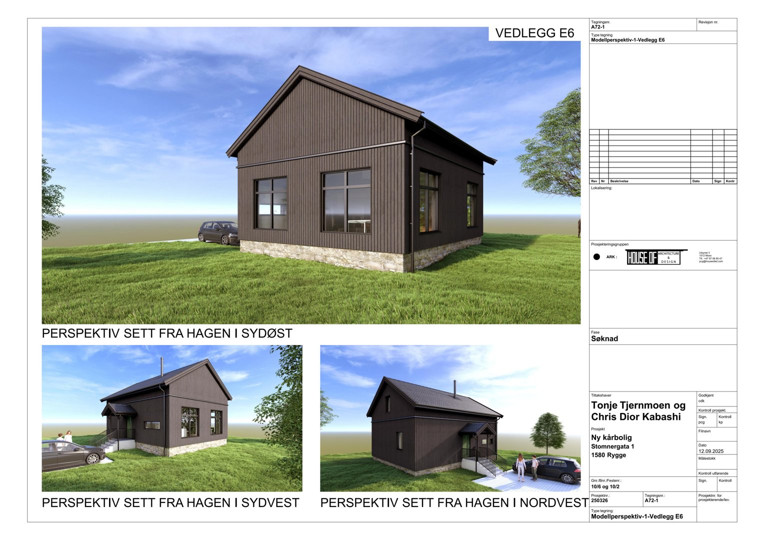 Tre 3D-visualiseringer (perspektivtegninger) av en planlagt hytte sett fra ulike vinkler.