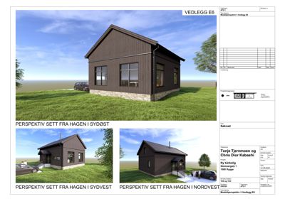 Tre 3D-visualiseringer (perspektivtegninger) av en planlagt hytte sett fra ulike vinkler.