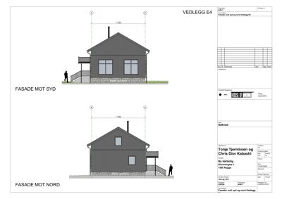 Tegning som viser fasadeopprikk for en ny bolig sett fra sør og nord.