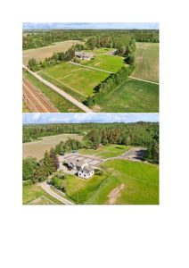 To flyfotografier av en tomt med en eksisterende bygning, en parkeringsplass og omgivende natur. Bildene viser tomtens situasjon i forhold til nabolag (skog, åker, jernbane).