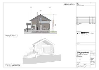 Bildet viser en typisk snittegning (TYPISK SNITT A) av en nybygd bolig, inkludert både en teknisk tegning og en 3D-visualisering av snittet.
