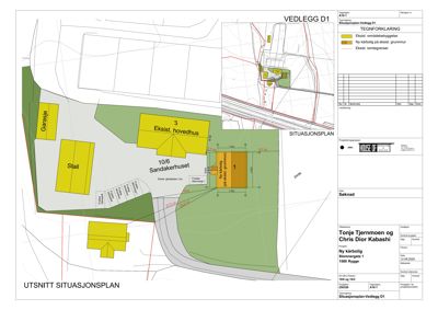 Situasjonsplan som viser eksisterende og planlagt bebyggelse på tomten, inkludert ny garasje og ny kårbolig.