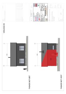 Fasadetegning som viser bygningens utseende fra øst og vest, inkludert mål og materialer.