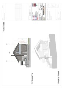 Tegning som viser et tverrsnitt (snitt) gjennom en bygning, med mål og detaljer om konstruksjonen.
