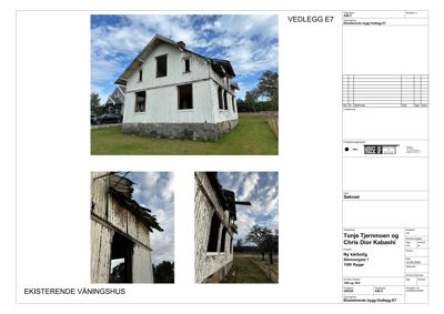 Fotografier av en eksisterende, delvis ødelagt bygning (våningshus) med tekstbeskrivelse 'EKISTERENDE VÅNINGSHUS'.