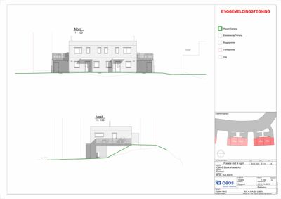 Fasadetegning som viser bygningens utseende sett fra nord og vest, inkludert situasjonsplan i nederste høyre hjørne.