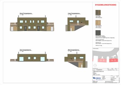 Fasadetegning som viser bygningens utsyn fra alle fire sider (Nord, Sør, Øst, Vest) med detaljer om fargevalg og materialer.