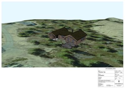 3D-visualisering av en hytte sett fra et vinklet perspektiv, inkludert omgivelsene (tomte, bil, vann).