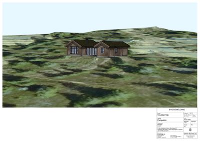 3D-visualisering (perspektiv) av en hytte sett fra utsiden, inkludert terreng og omgivelser.