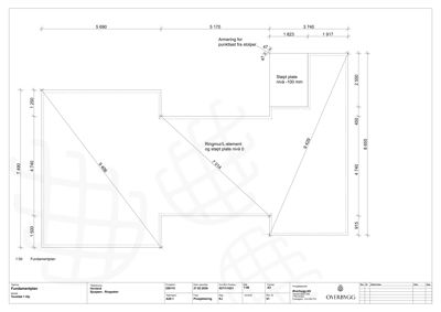 Fundamentplan med dimensjoner og beskrivelse av elementer som stålplate og ringmur.