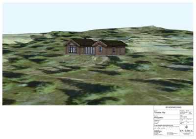 3D-visualisering (rendering) av en hytte sett fra et perspektiv, med byggeomelding i bunnen.